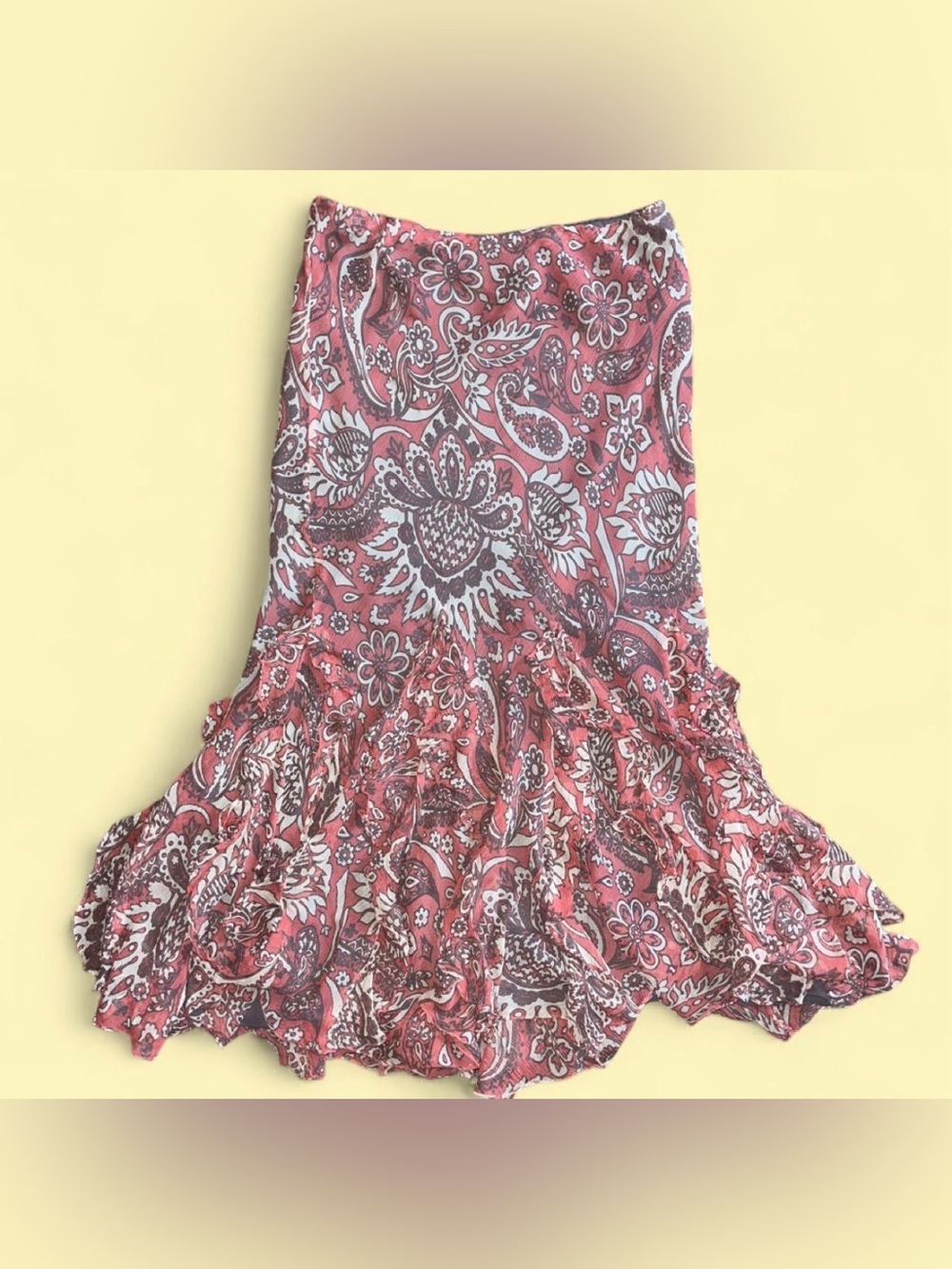 Vintage Charter Club pink paisley print ruffle midi skirt with grey accents